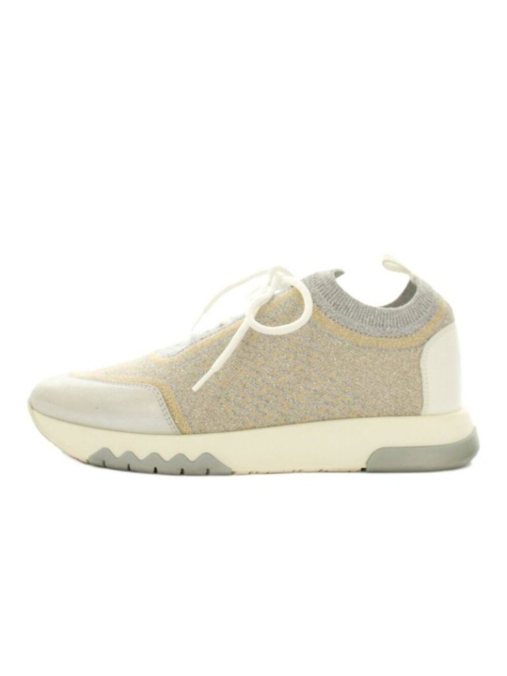 Hermes Addict Sneakers Shoes 37 Gray Silver Gold Lame Low Cut YM